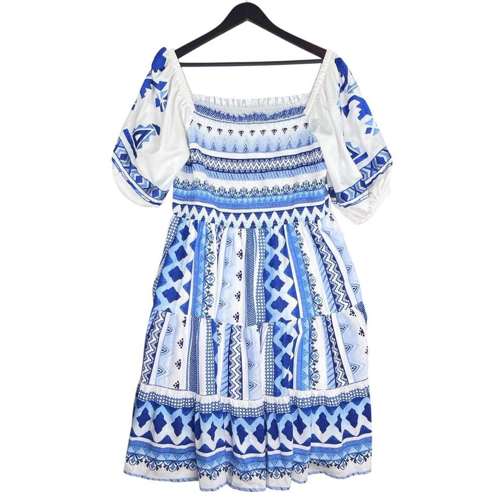 Wayward Fancies Eshakti Smocked Tiered Midi Dress Large Milkmaid Cottagecore